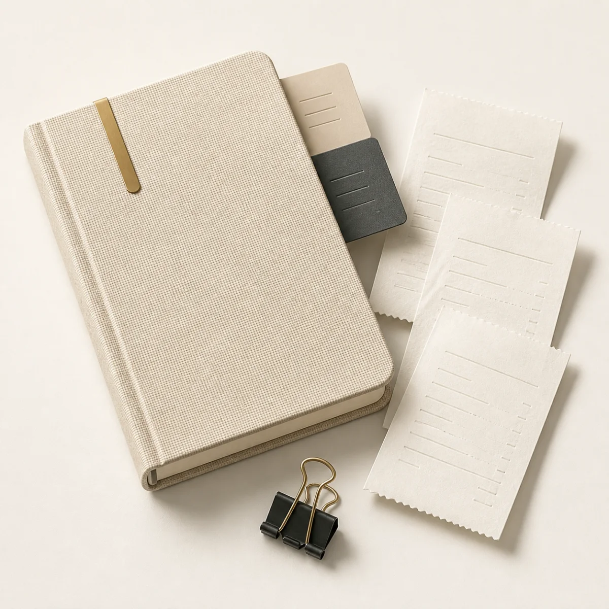 An ivory ledger notebook, receipts, and index cards neatly arranged together.